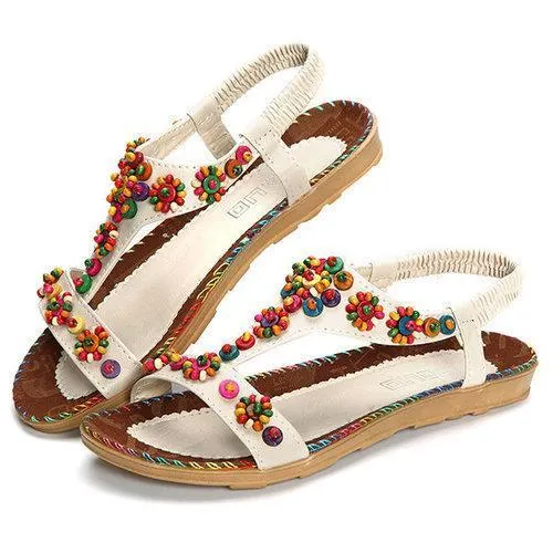 Bohemia Beads Flower Slip On Elastic Bands Flat Sandals