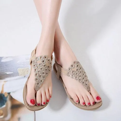 Bohemia Rhinestones Clip Toe Elastic Band Flat Beach Sandals