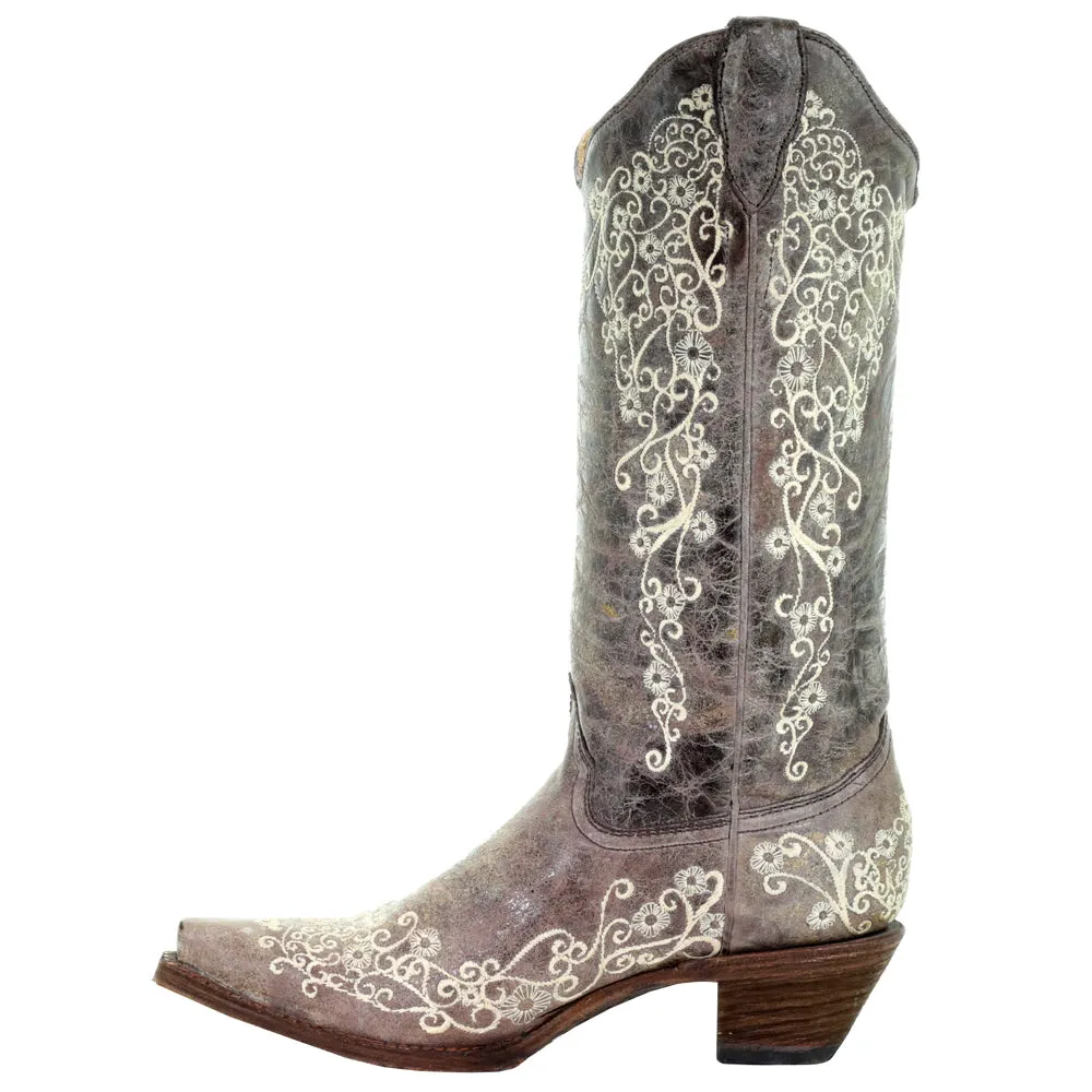 Floral Tooled Inlay Snip Toe Cowboy Boots