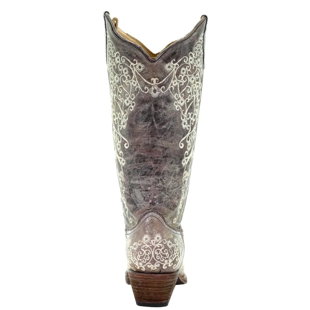 Floral Tooled Inlay Snip Toe Cowboy Boots