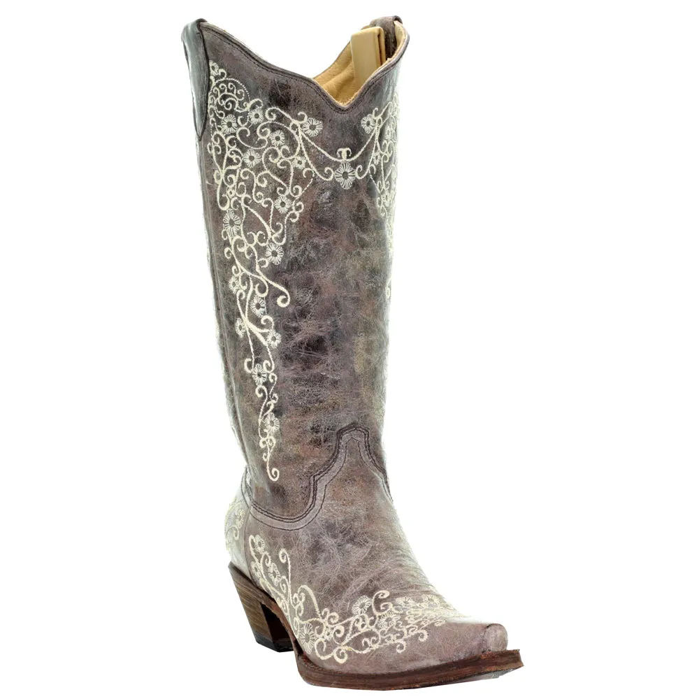 Floral Tooled Inlay Snip Toe Cowboy Boots