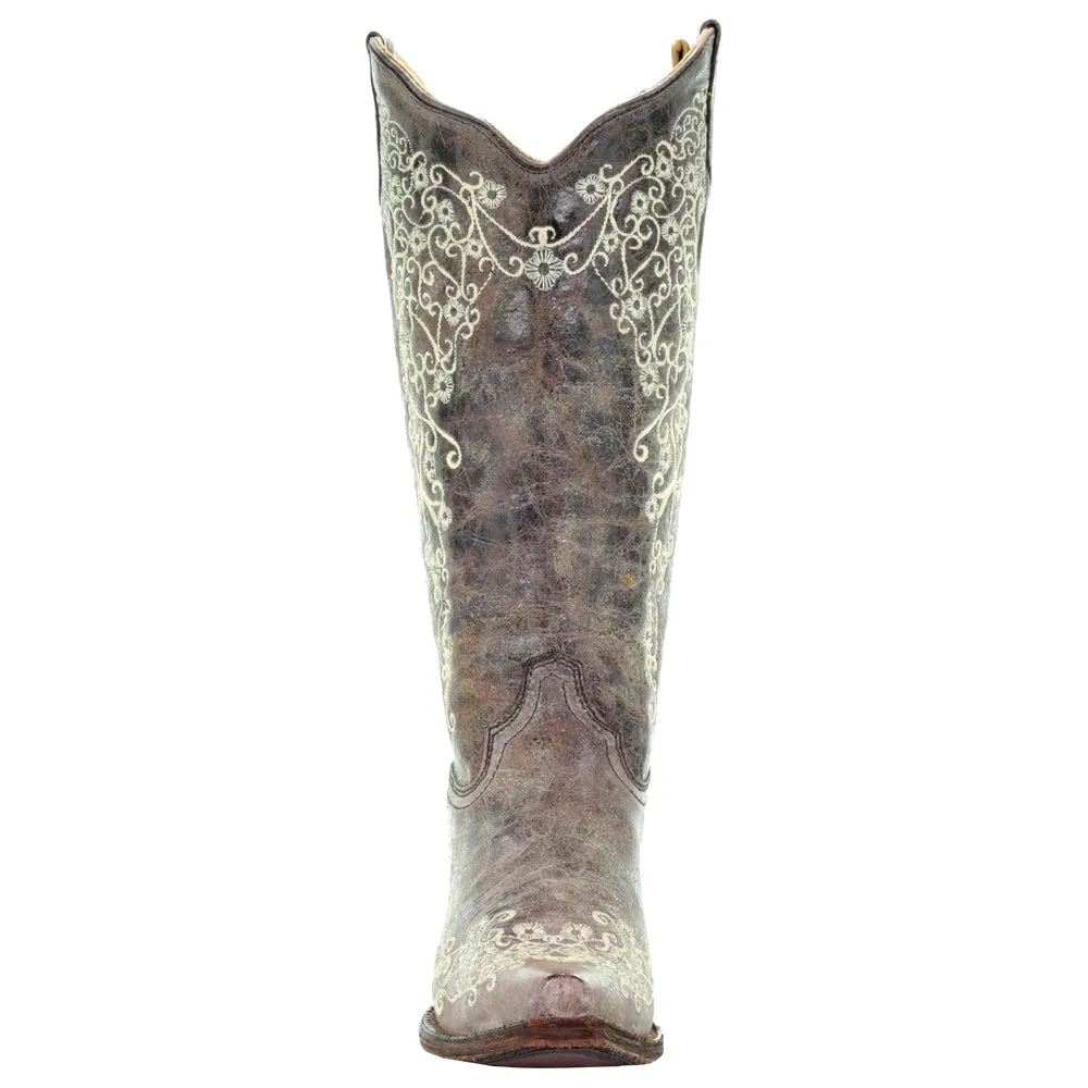 Floral Tooled Inlay Snip Toe Cowboy Boots