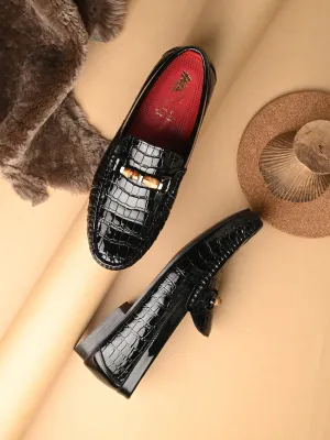 Hitz Men's Black Leather Party Wear Loafers