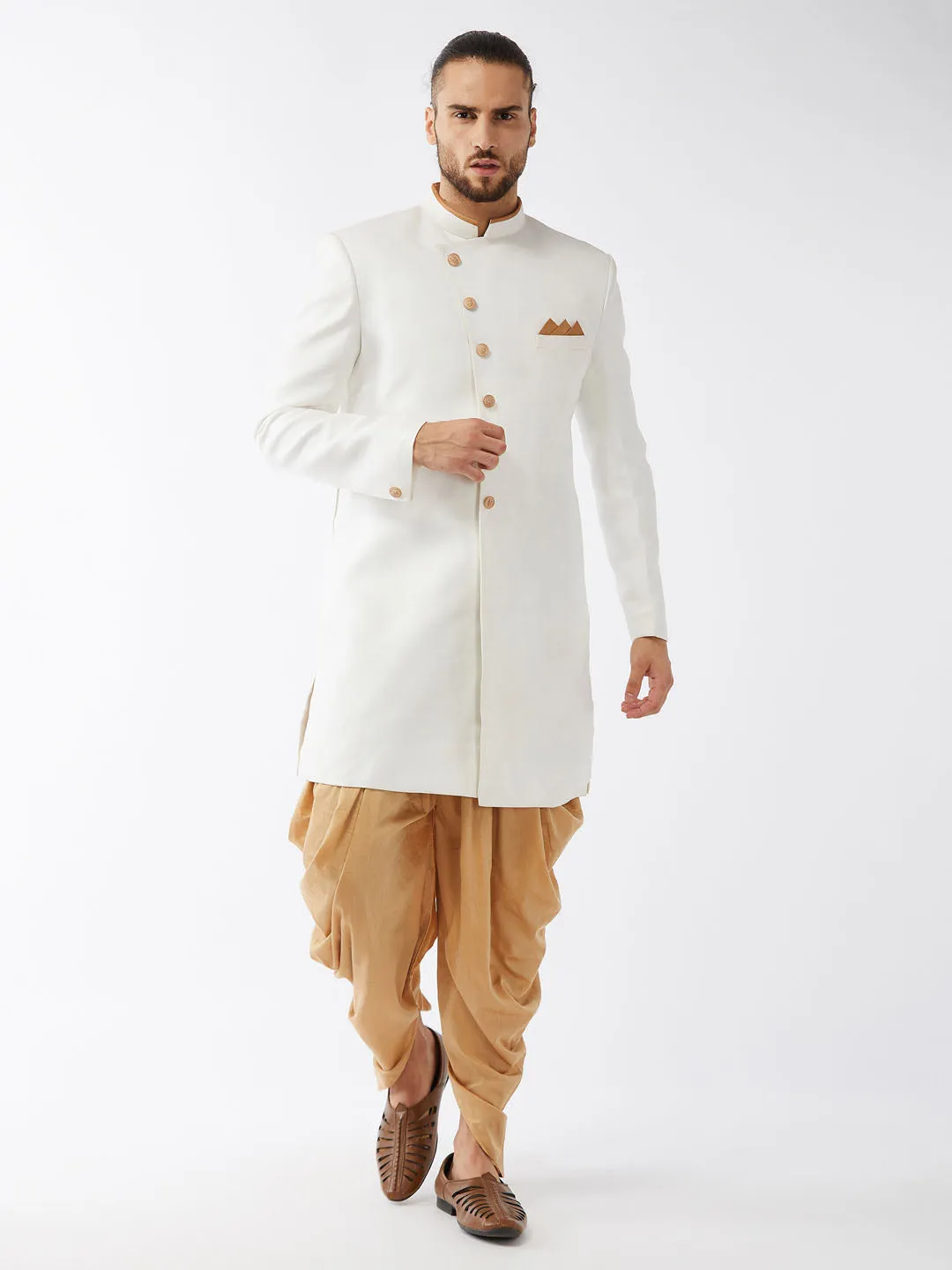 Jashvi Men's White Silk Blend Sherwani Set