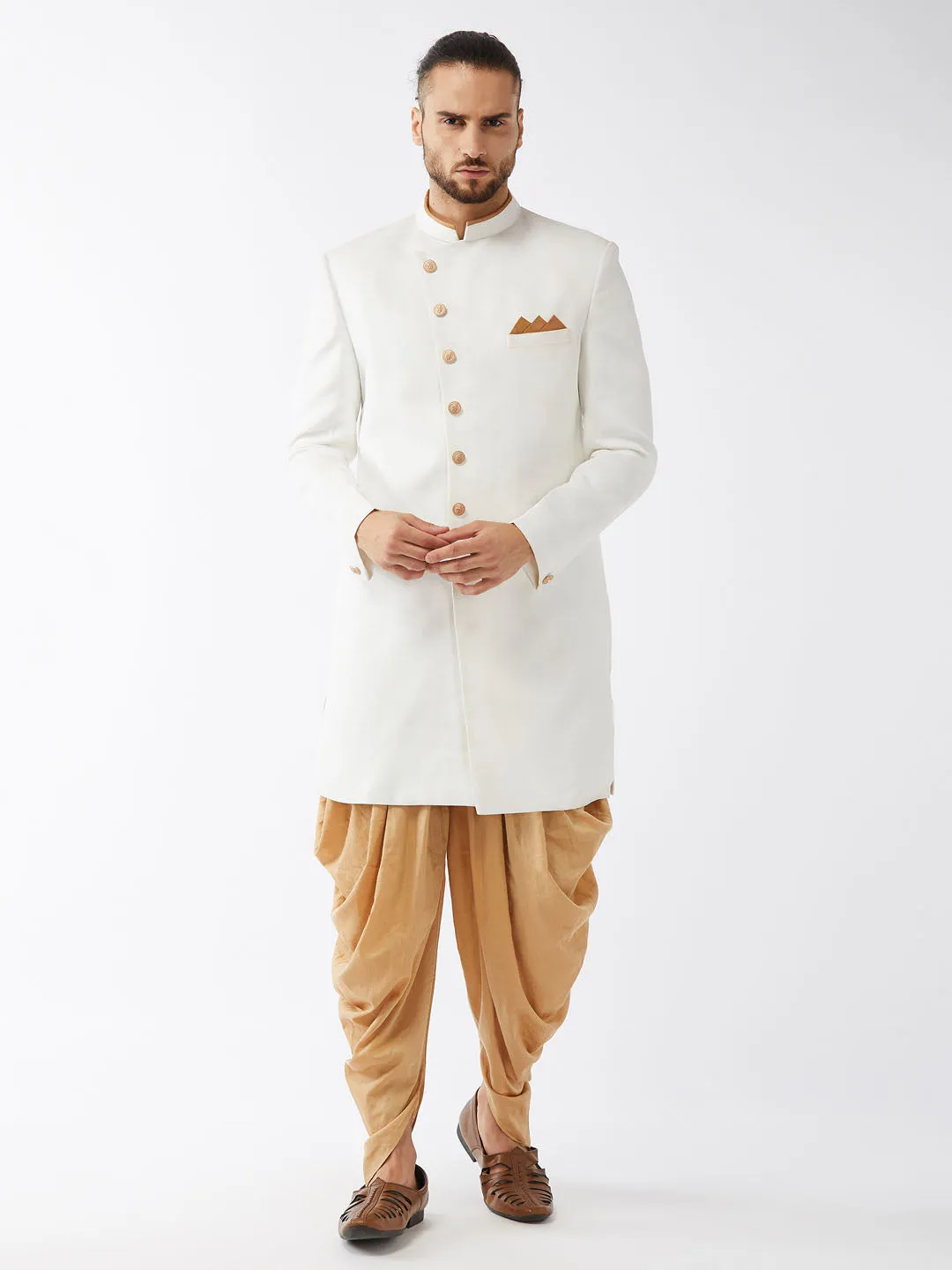 Jashvi Men's White Silk Blend Sherwani Set