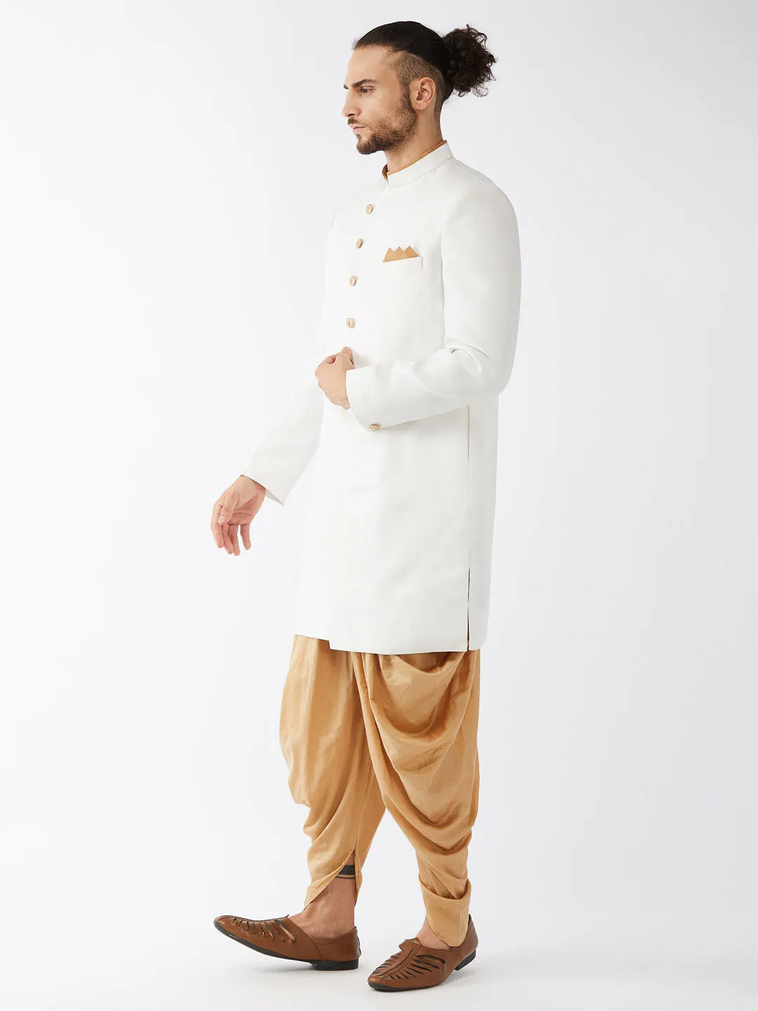 Jashvi Men's White Silk Blend Sherwani Set