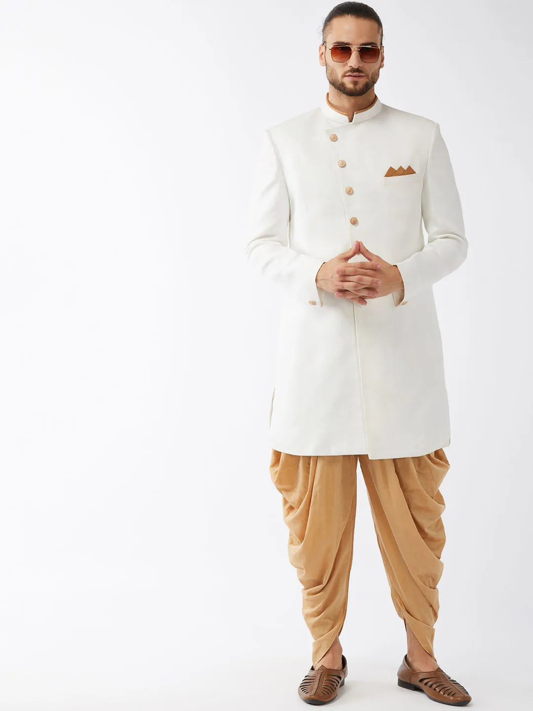 Jashvi Men's White Silk Blend Sherwani Set