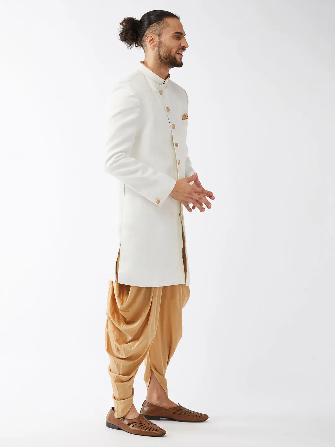 Jashvi Men's White Silk Blend Sherwani Set