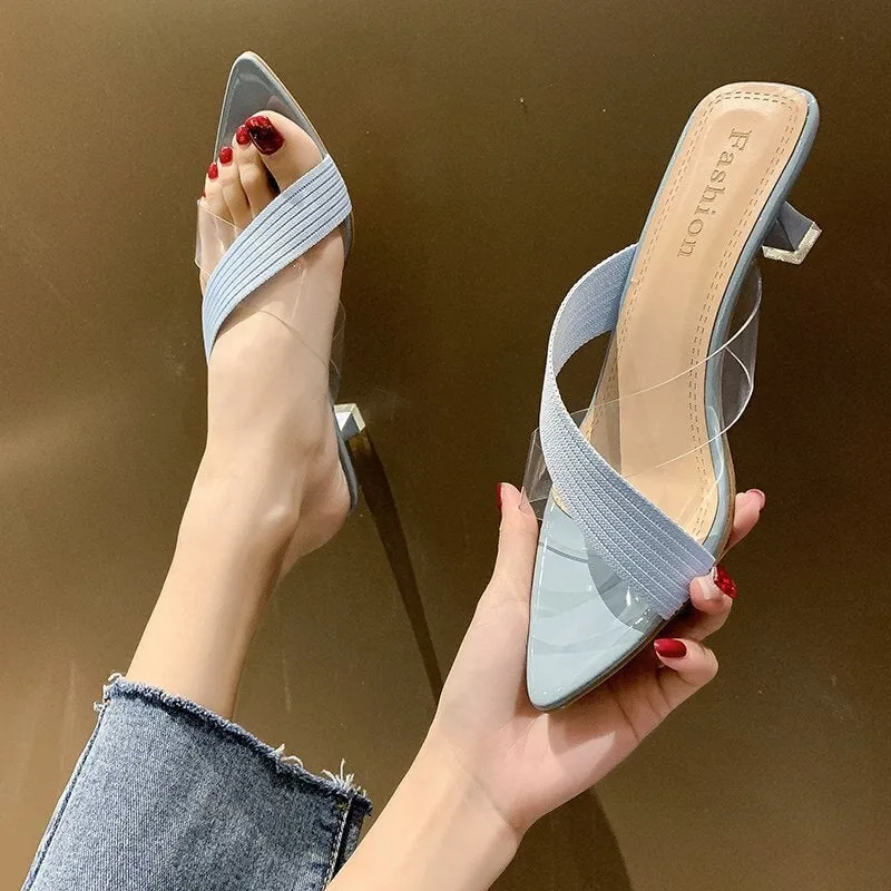 Ladies One-Side Clear Strap Low Heel Mule Sandals
