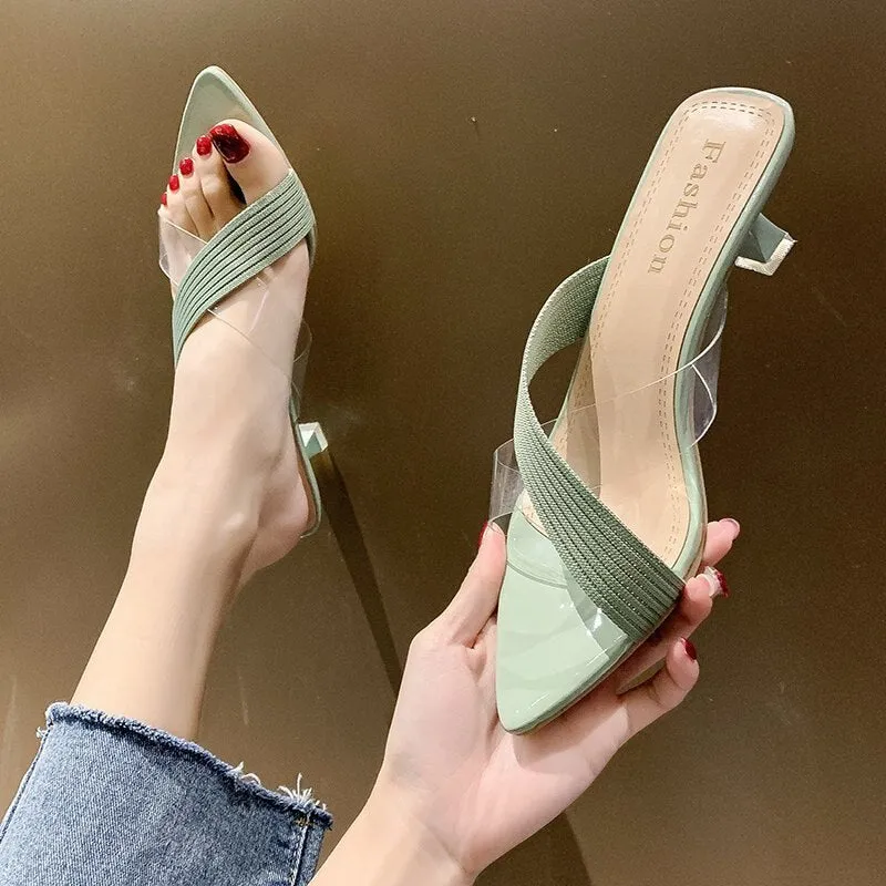 Ladies One-Side Clear Strap Low Heel Mule Sandals