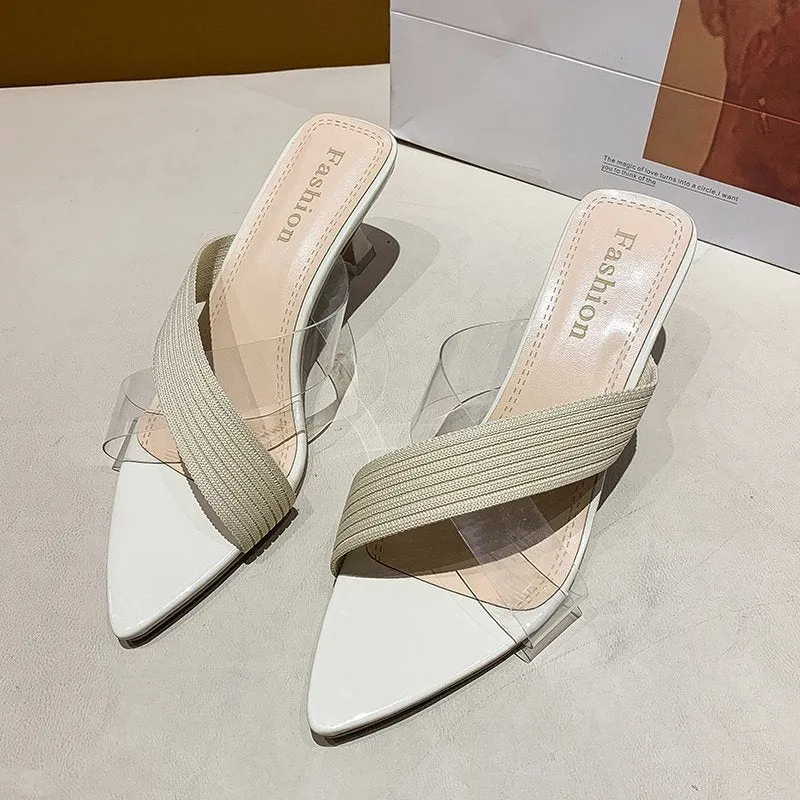 Ladies One-Side Clear Strap Low Heel Mule Sandals