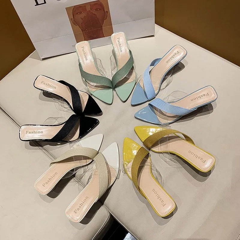 Ladies One-Side Clear Strap Low Heel Mule Sandals
