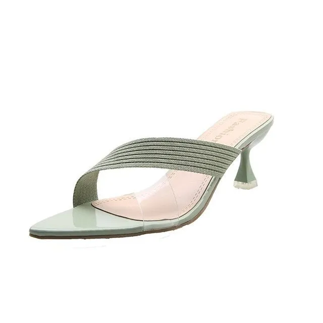Ladies One-Side Clear Strap Low Heel Mule Sandals