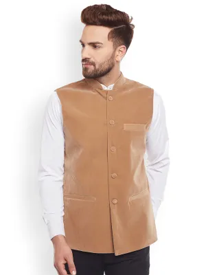 Men Tan Solid Velvet Slim Fit  Nehru Jacket