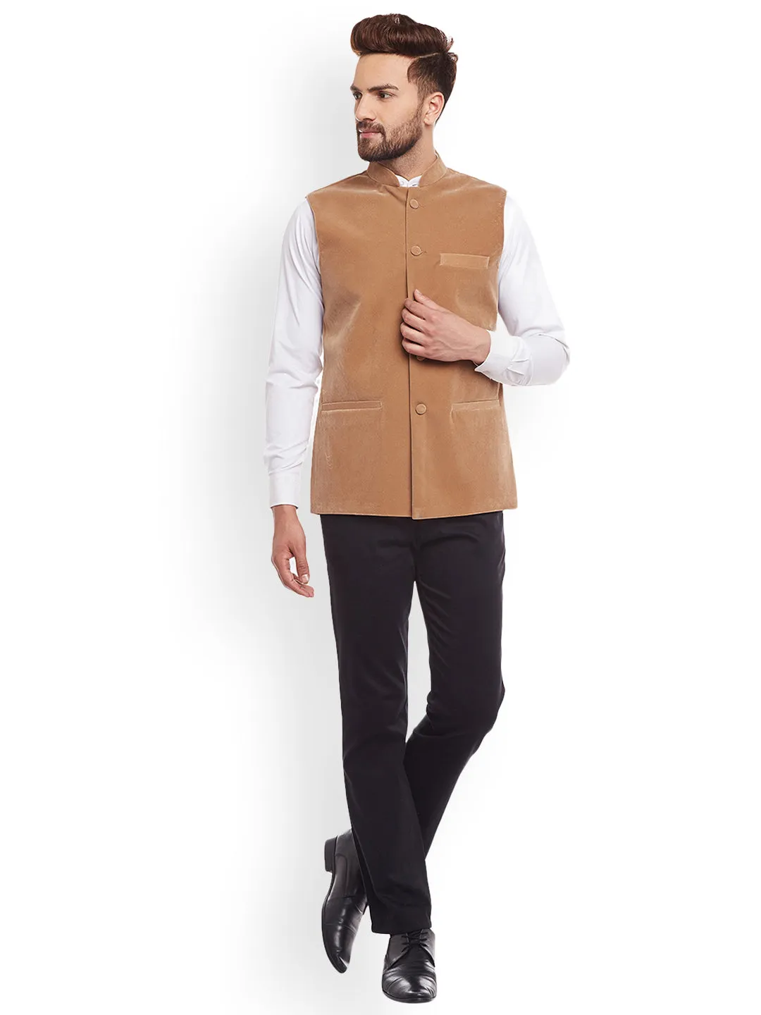 Men Tan Solid Velvet Slim Fit  Nehru Jacket