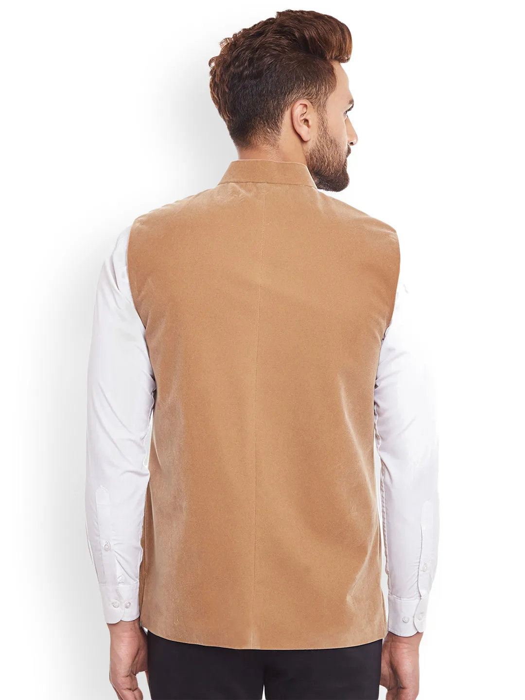 Men Tan Solid Velvet Slim Fit  Nehru Jacket