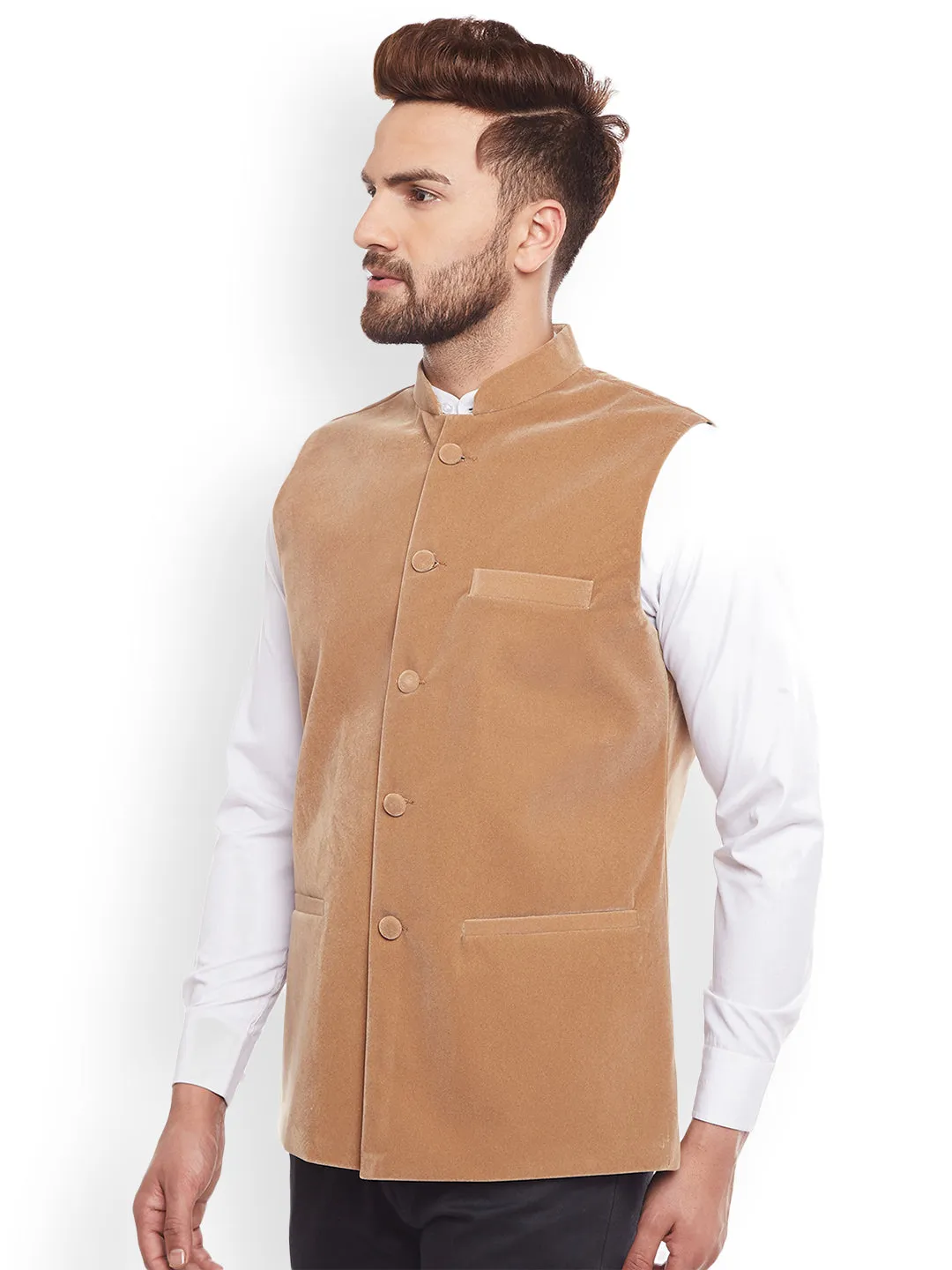 Men Tan Solid Velvet Slim Fit  Nehru Jacket