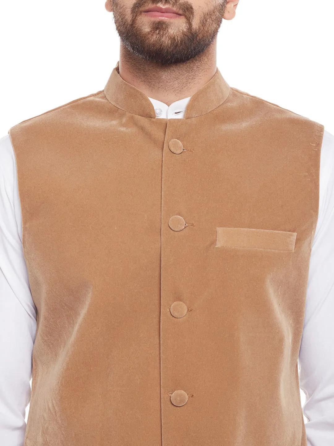 Men Tan Solid Velvet Slim Fit  Nehru Jacket