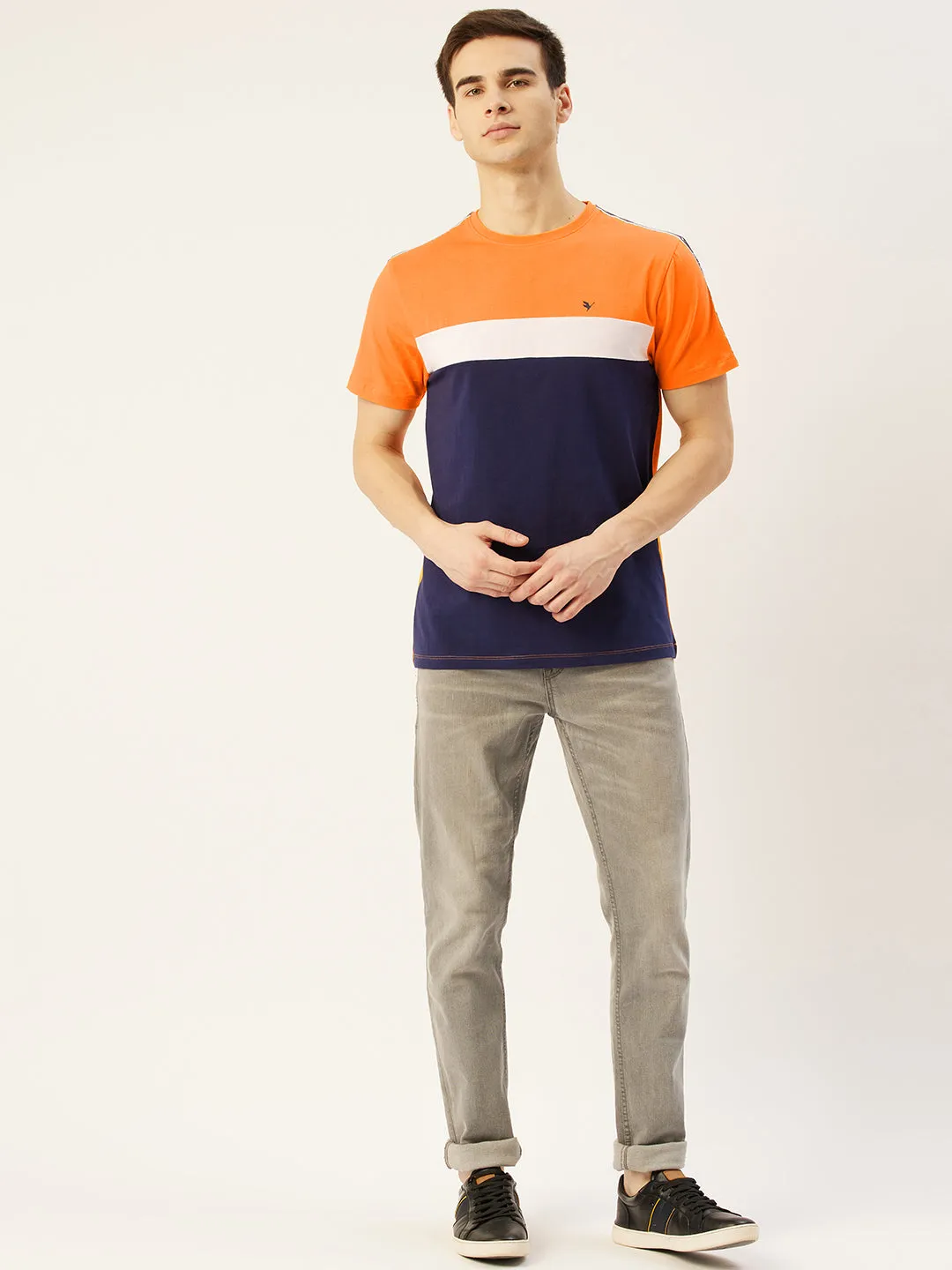 Mens Cotton Rich Lycra Colourblock Graphic Half  Sleeve Crew Neck T-Shirts