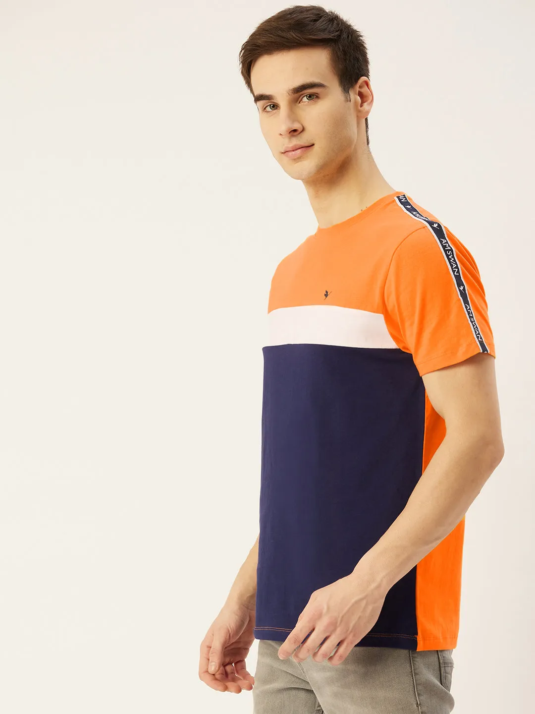 Mens Cotton Rich Lycra Colourblock Graphic Half  Sleeve Crew Neck T-Shirts