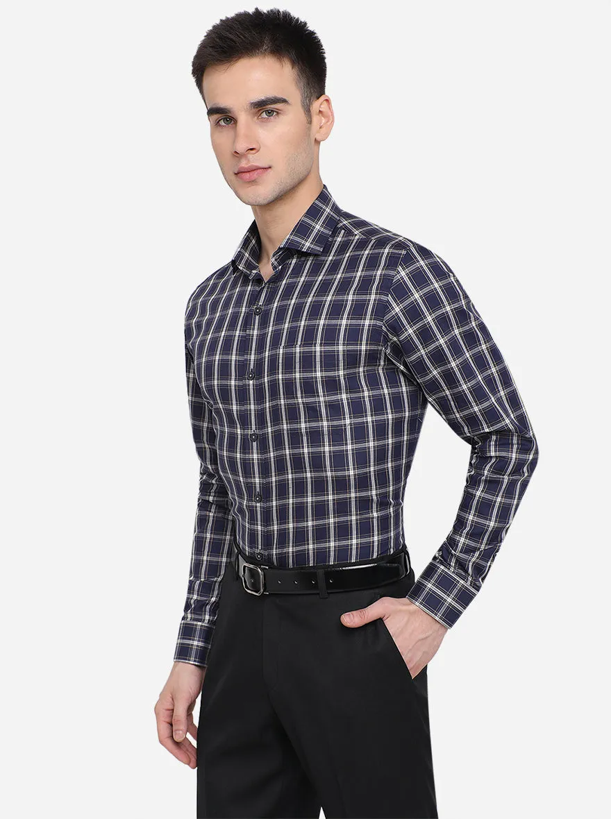 Navy Blue Checked Slim Fit Formal Shirt | JadeBlue