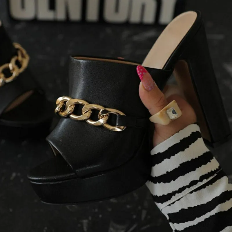 Peep Toe Chain Mules European Style Party Women Slippers