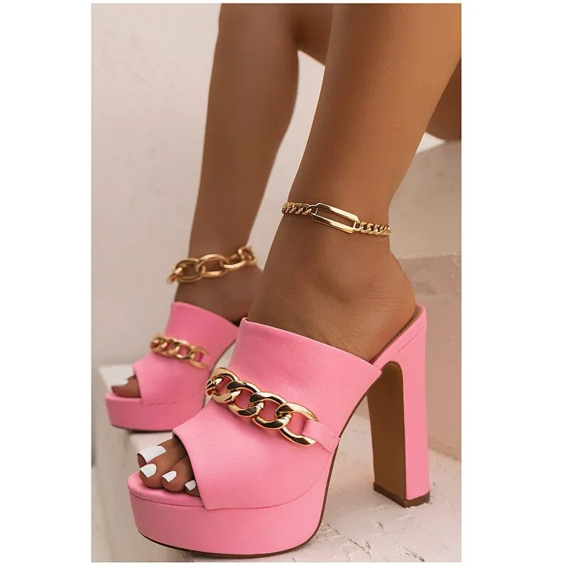 Peep Toe Chain Mules European Style Party Women Slippers