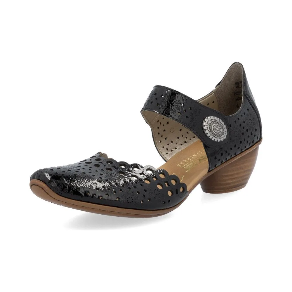 Rieker Bar Shoe 43753-02 BLACK PAT Smart Heeled Leather Bar Shoe With Touch Fastening