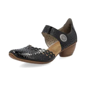Rieker Bar Shoe 43753-02 BLACK PAT Smart Heeled Leather Bar Shoe With Touch Fastening