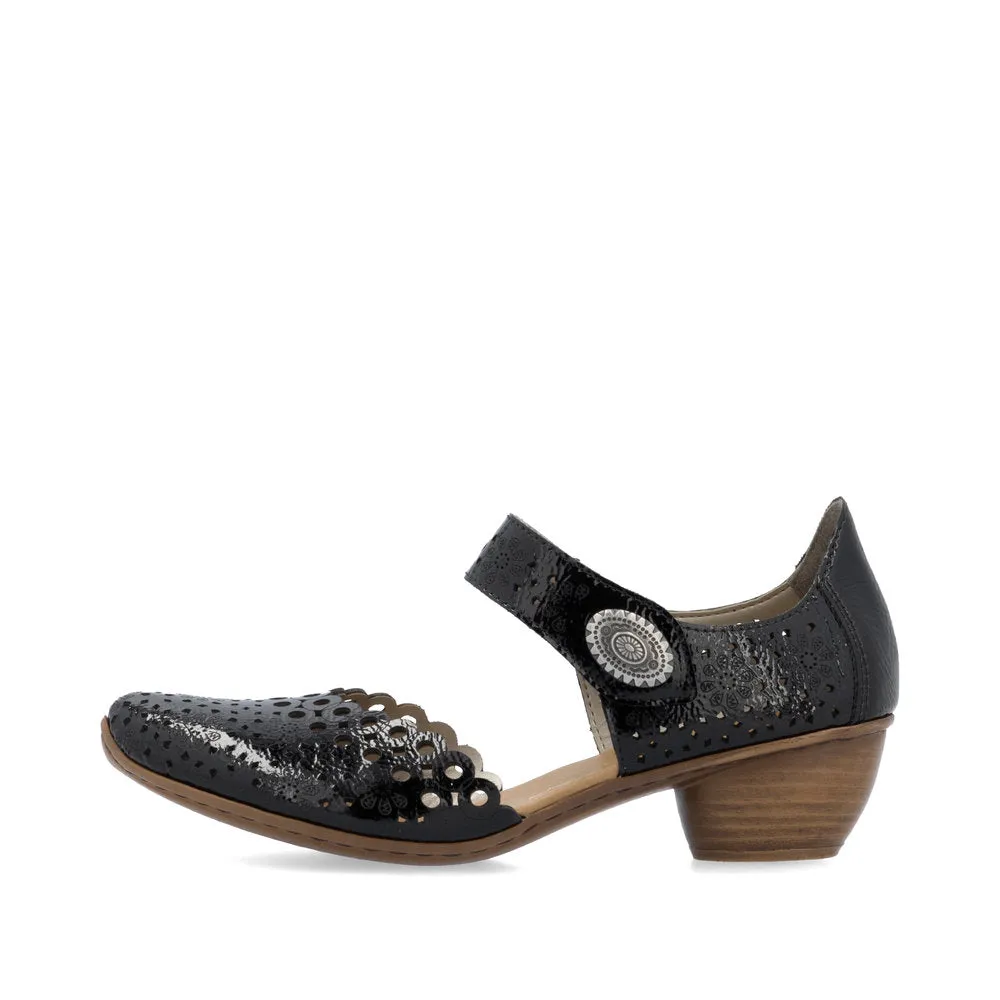 Rieker Bar Shoe 43753-02 BLACK PAT Smart Heeled Leather Bar Shoe With Touch Fastening