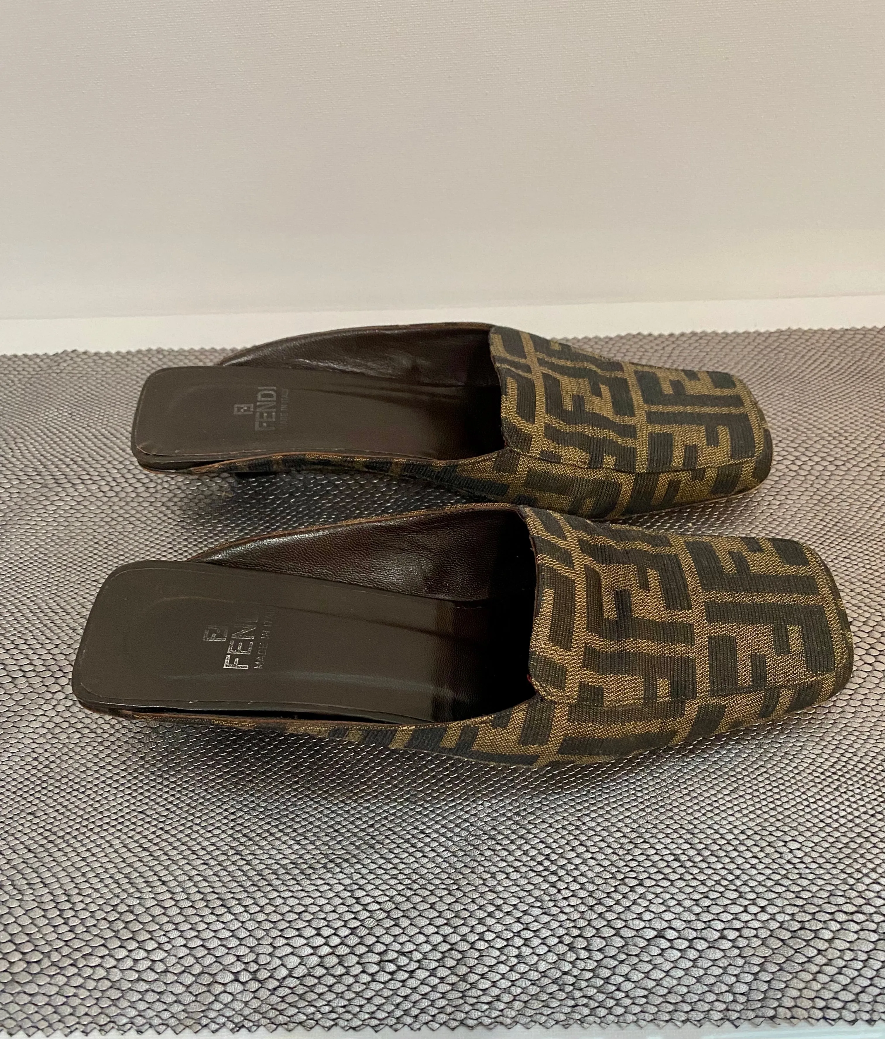 Vintage Fendi Zucca Kitten Heel Slides