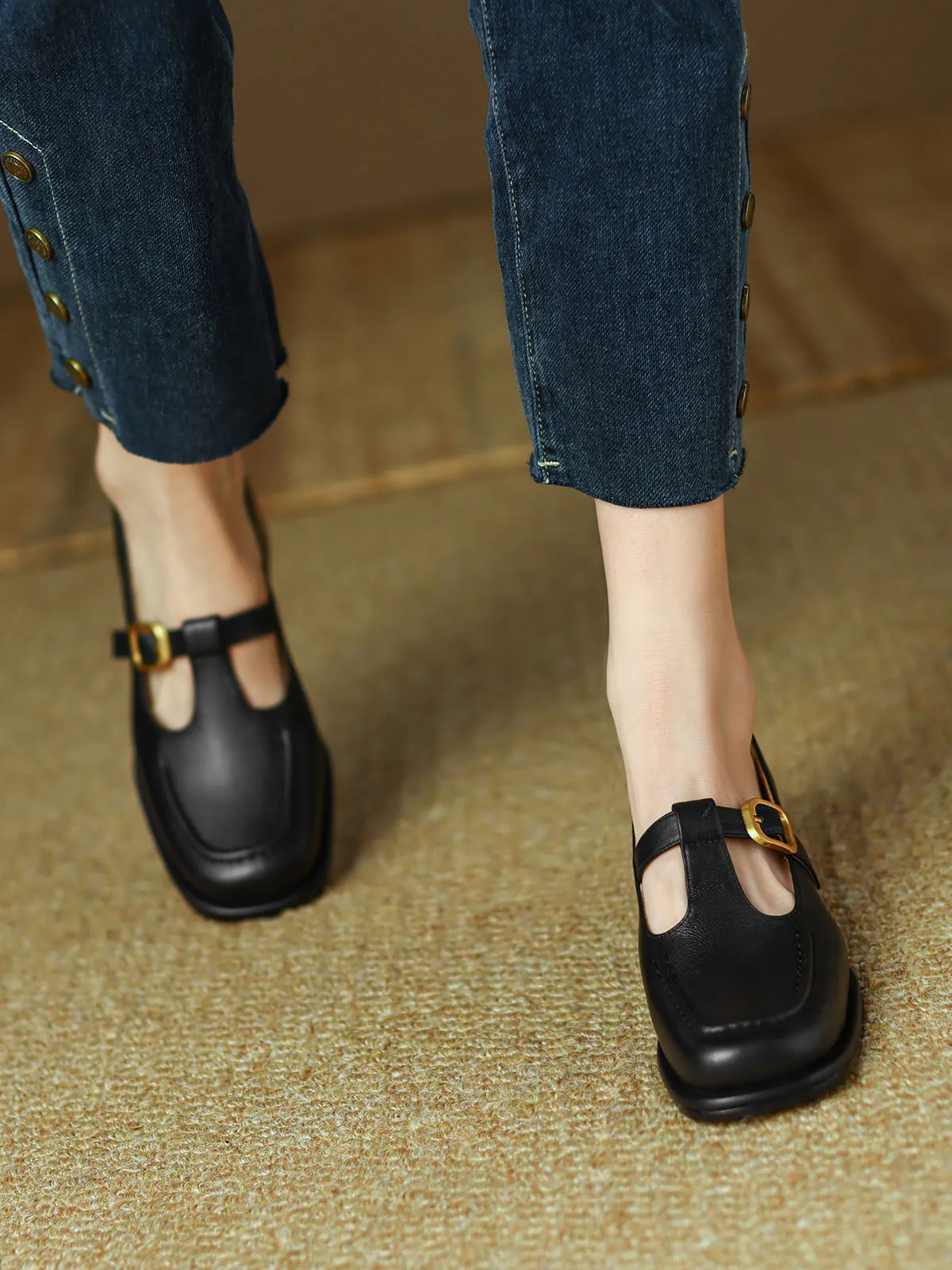 Women's Chunky Heel T-Strap Squared Toe Solid Color Leather Shoes