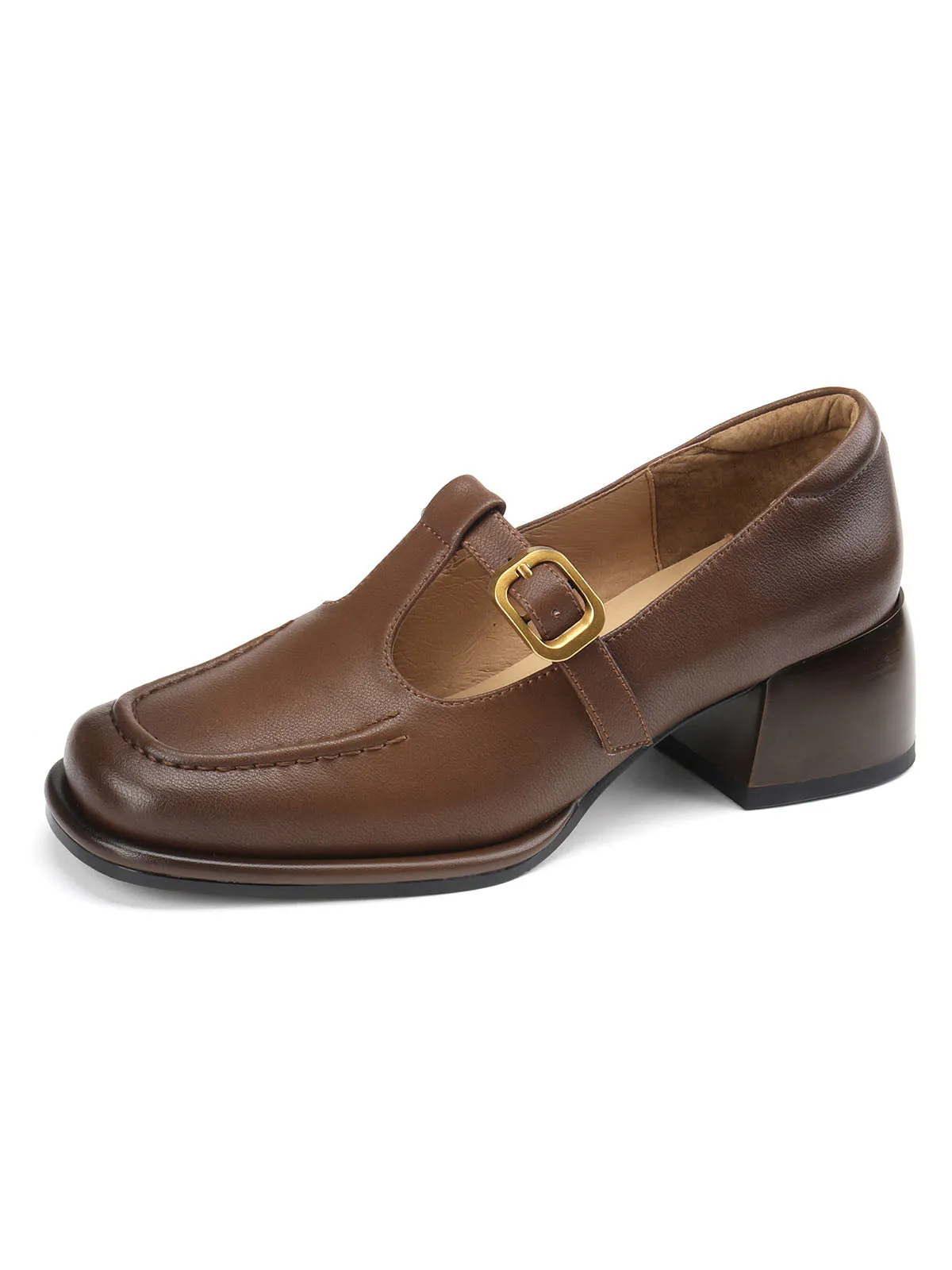 Women's Chunky Heel T-Strap Squared Toe Solid Color Leather Shoes