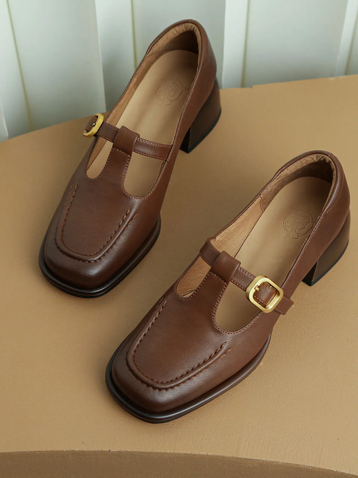 Women's Chunky Heel T-Strap Squared Toe Solid Color Leather Shoes