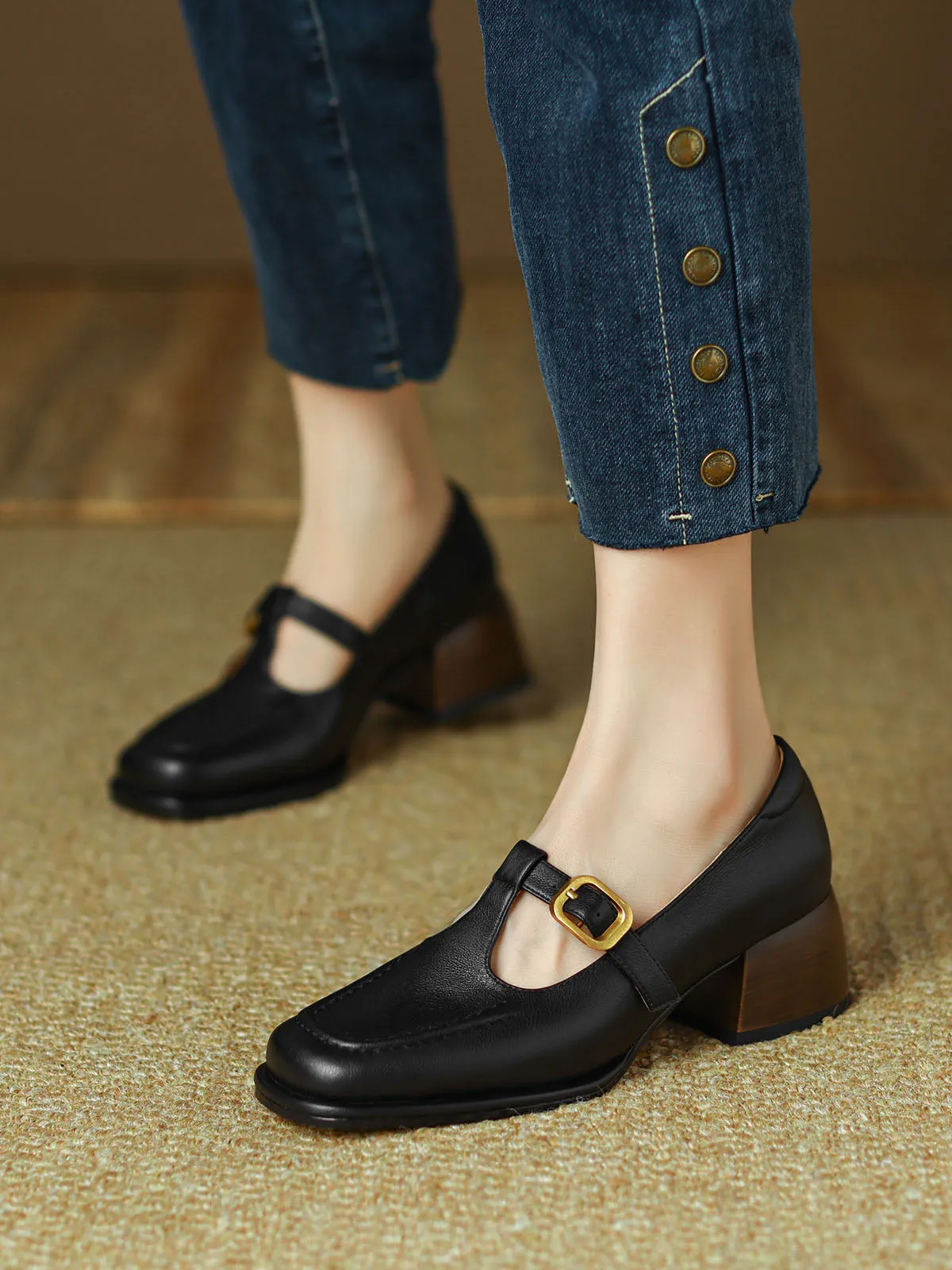 Women's Chunky Heel T-Strap Squared Toe Solid Color Leather Shoes