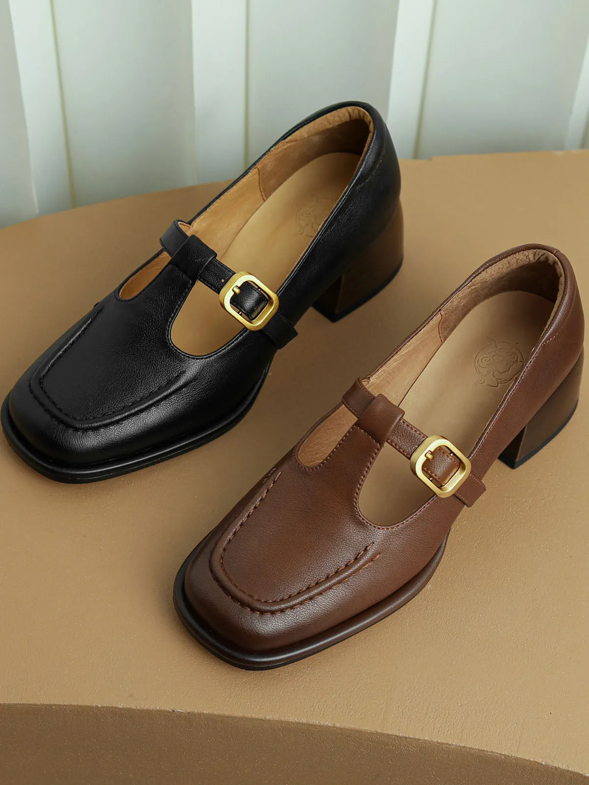 Women's Chunky Heel T-Strap Squared Toe Solid Color Leather Shoes