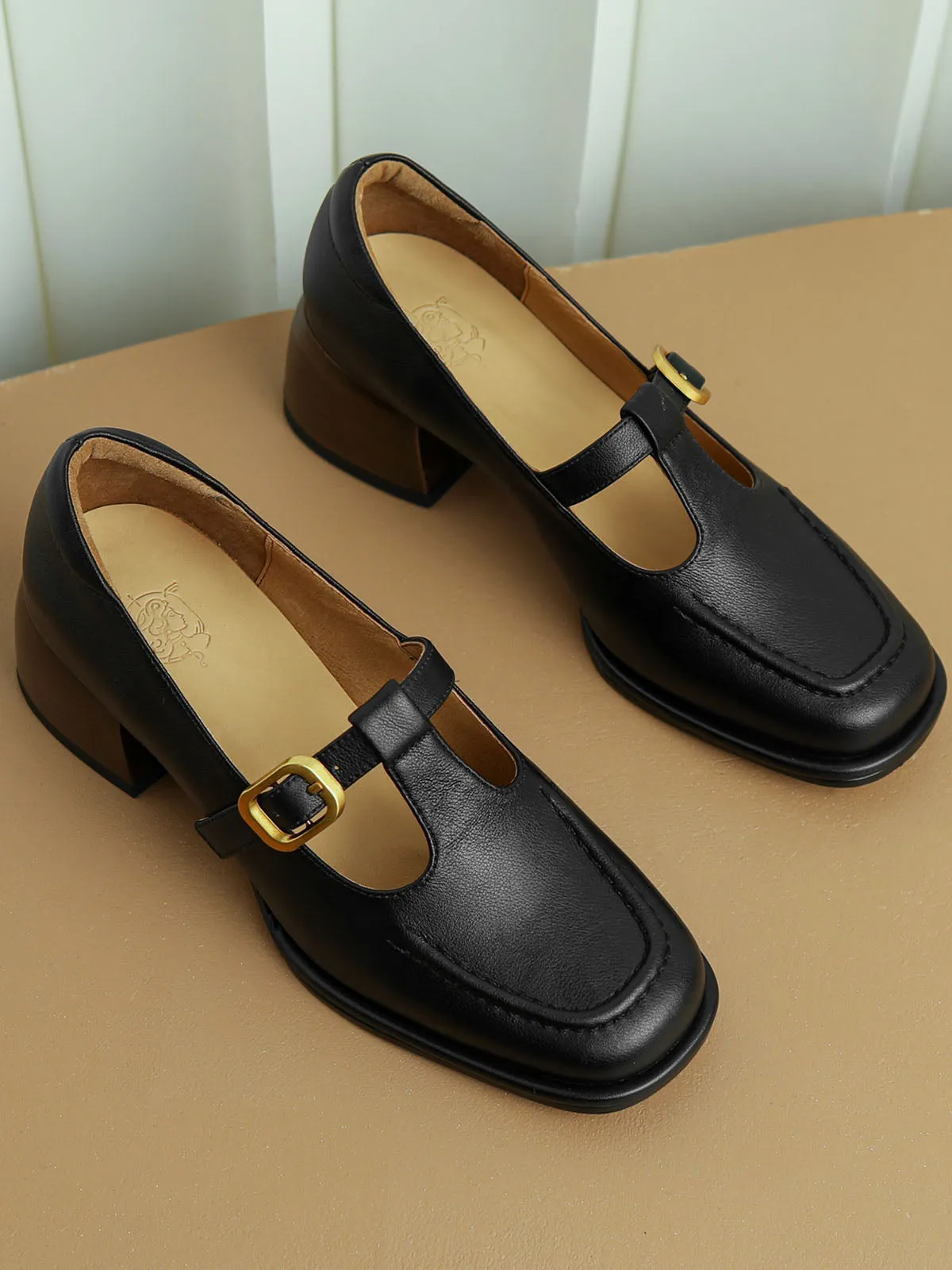 Women's Chunky Heel T-Strap Squared Toe Solid Color Leather Shoes