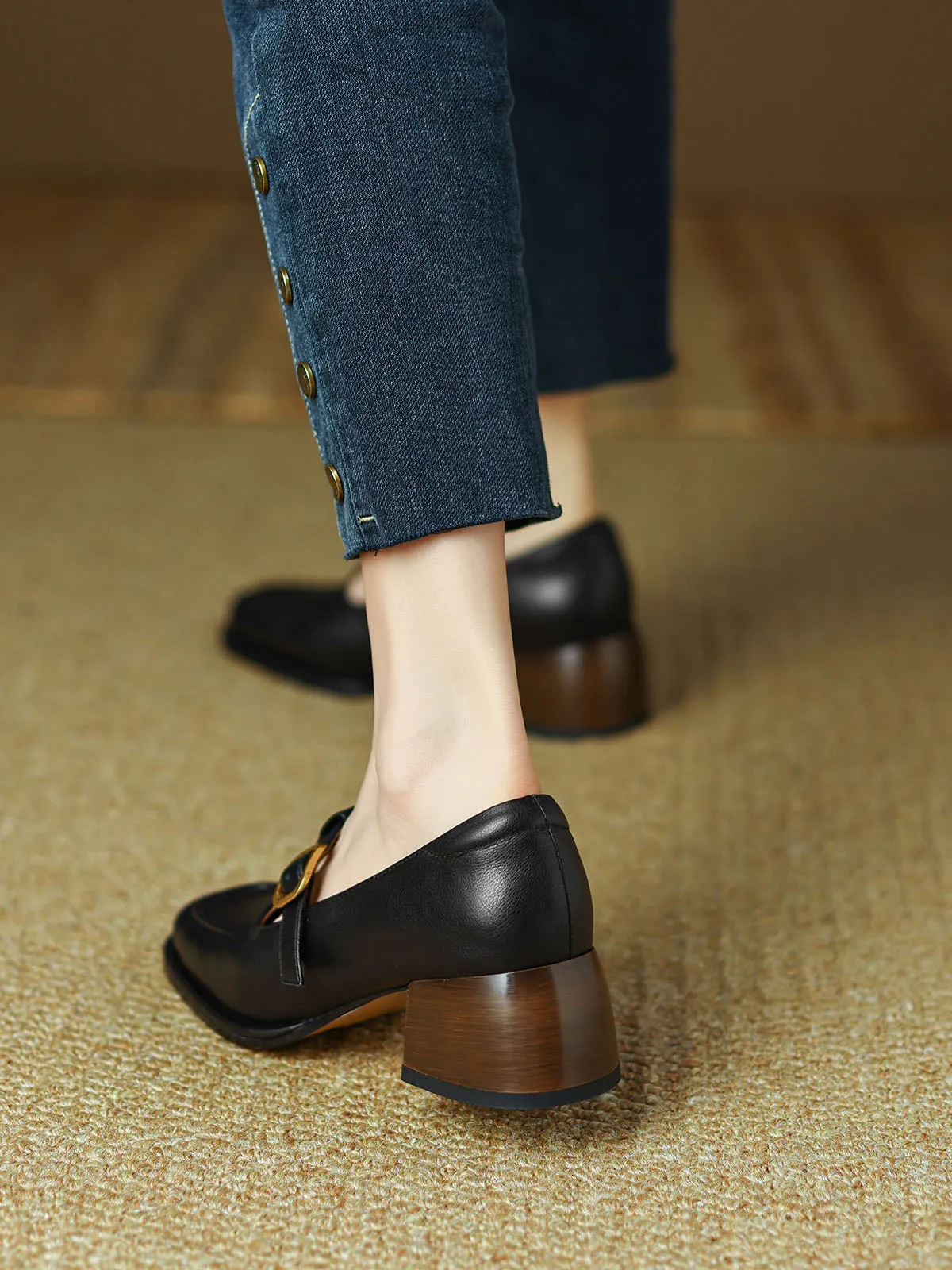Women's Chunky Heel T-Strap Squared Toe Solid Color Leather Shoes